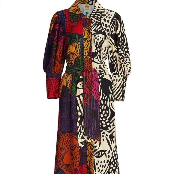 Farm Rio Midnight Leopard Prints Midi Shirt Dress Multi Color Animal Long Sleeve - Picture 2 of 2